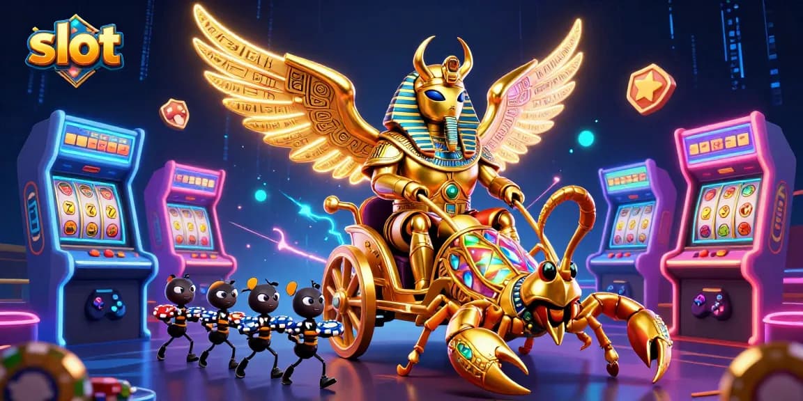 Spin the slot with a 3D golden scarab beetle chariot scene, capturing vibrant casino action.