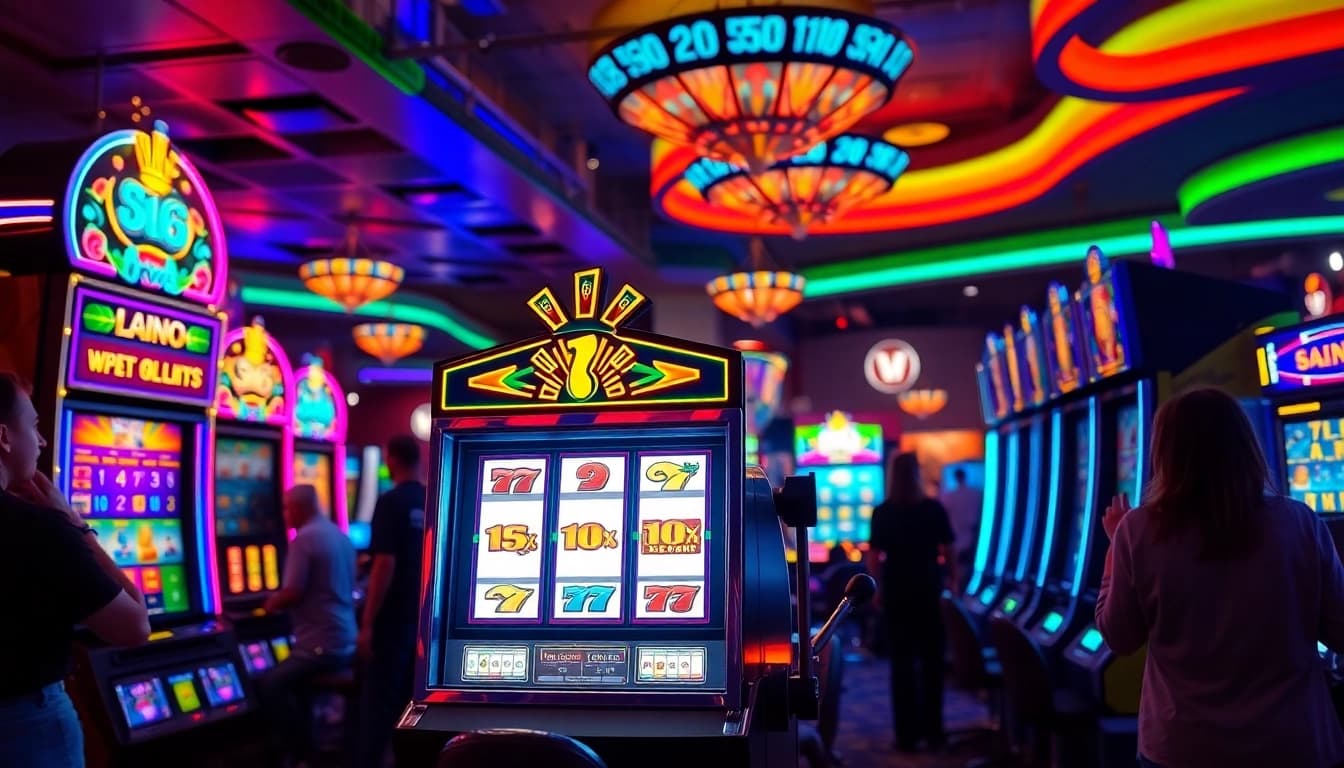 Main slot machine with colorful graphics menarik perhatian pengunjung di kasino.