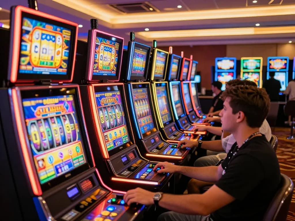 Experience thrilling kenzobet login moments at colorful slot machines in a vibrant casino.