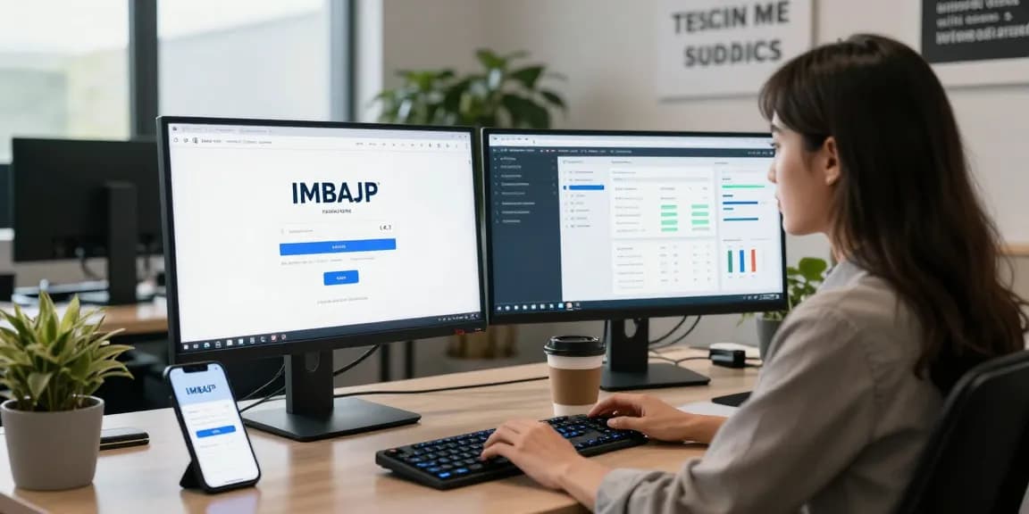 Ilustrasi profesional IMBAJP LOGIN di ruang kerja modern dengan perangkat dan analitik digital.