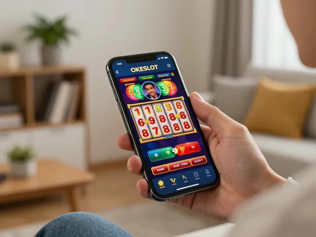 Engage with the OKESLOT app on a smartphone in a cozy home gaming setup.