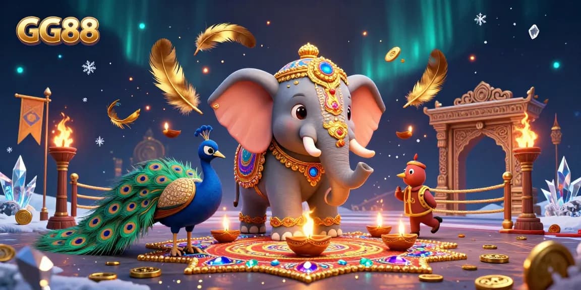 Enhance your gaming experience at GG88 by exploring vibrant casino visuals featuring a colorful elephant and peacock alongside dynamic gaming elements.