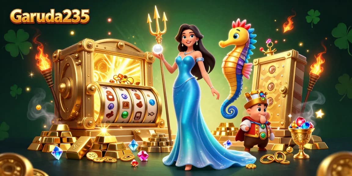 Win at Garuda235 with dynamic 3D characters and slot reels amidst sparkling treasures.