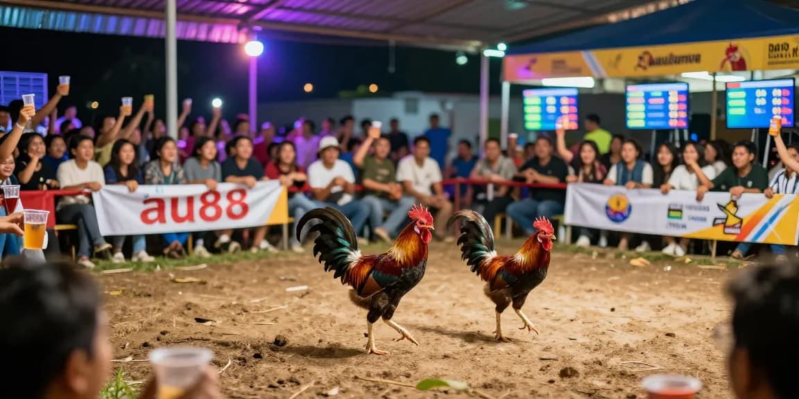 Live đá gà au88 tournament with roosters fighting in a colorful arena.