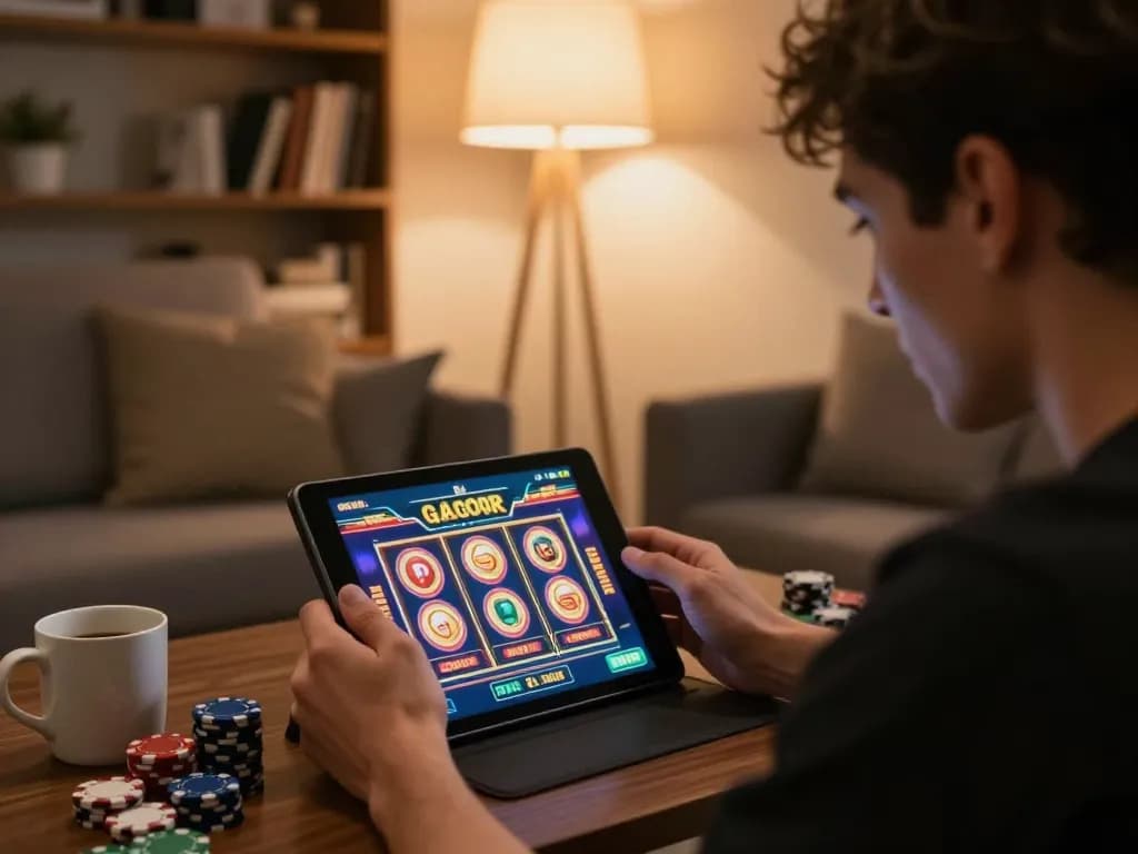 Engaging with slot gacor games on a tablet, showing responsible mobile gambling in a cozy home setting.