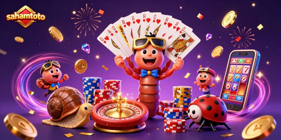 Visualisasikan sahamtoto dengan dealer kartun dan elemen kasino yang penuh warna.