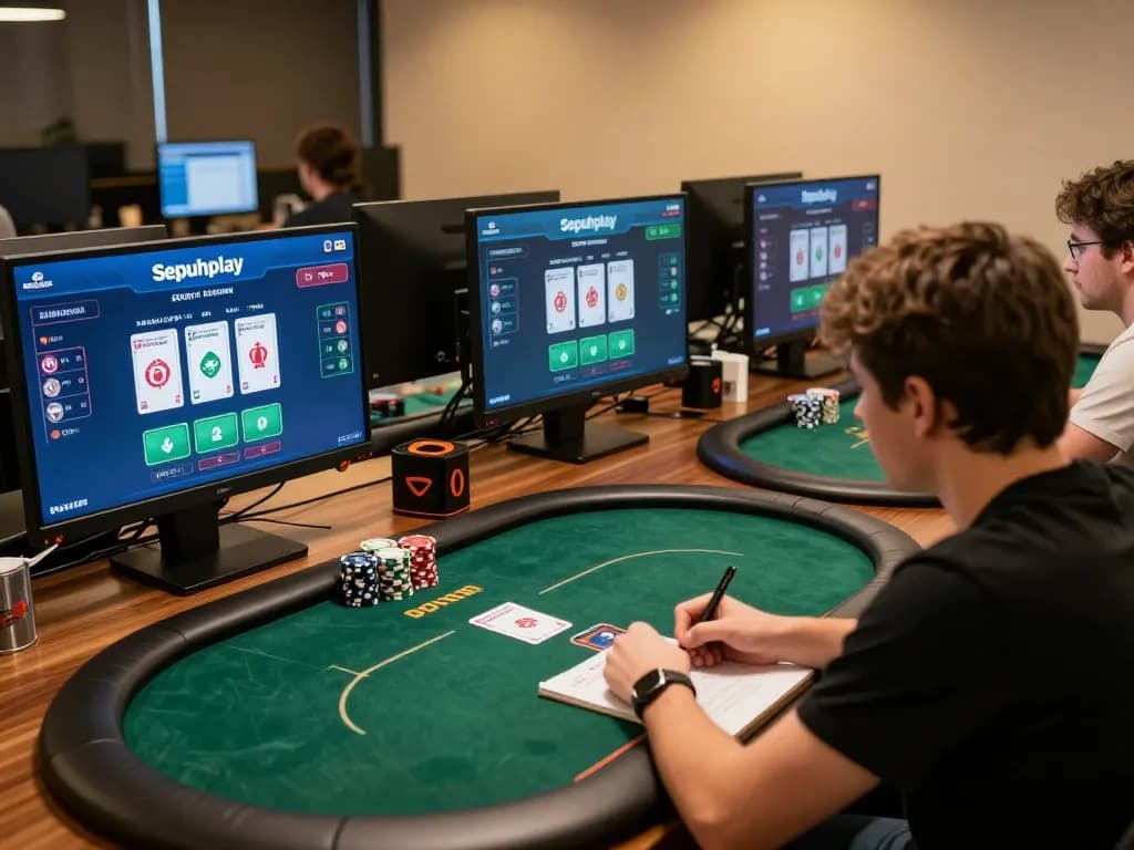 Pemain Sepuhplay merancang strategi dalam permainan poker online dengan beberapa layar