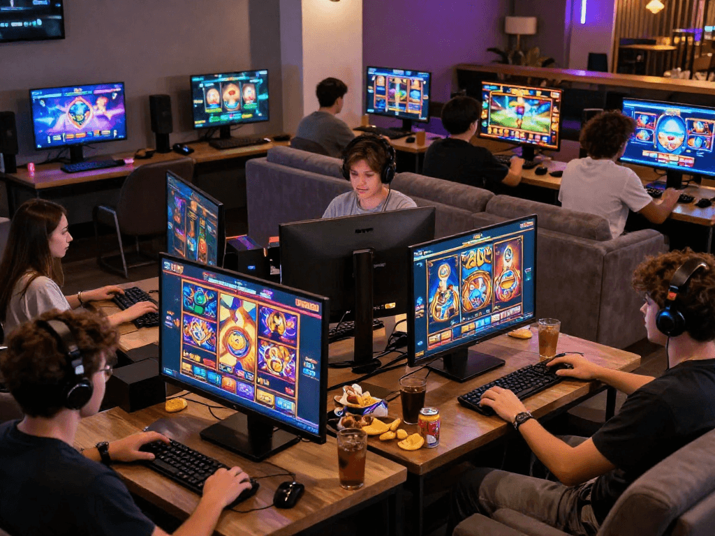 Players enjoying slot online games in a vibrant gaming lounge with dynamic graphics and exciting atmosphere.