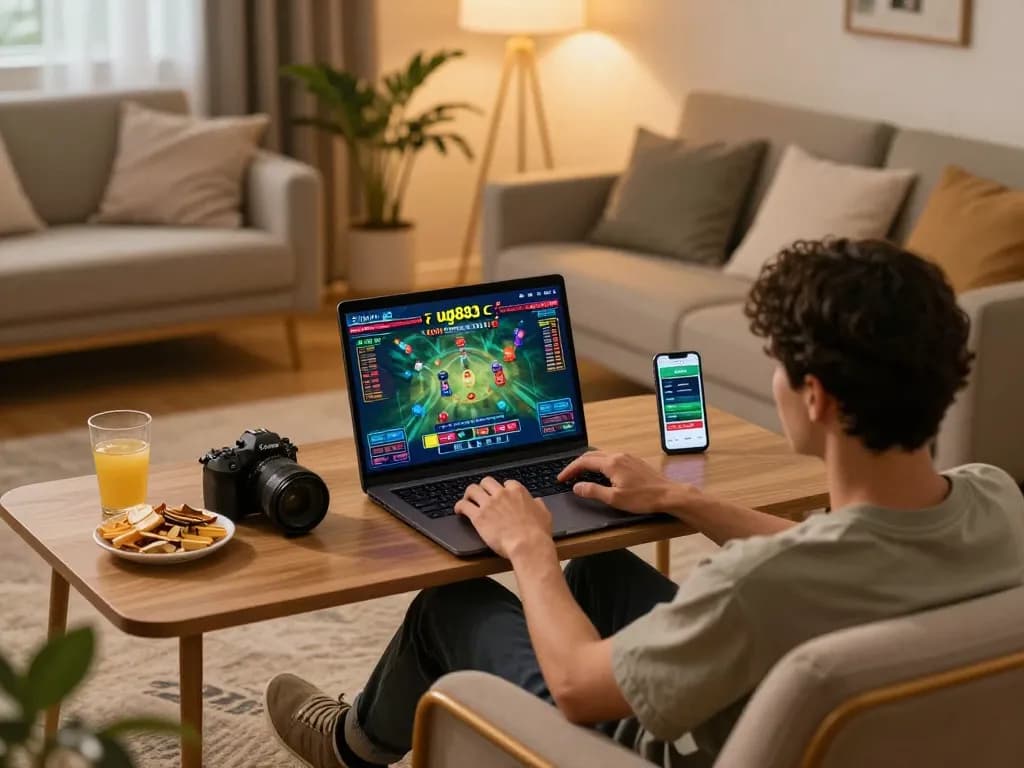 Person playing online casino games on ug883, focused on laptop with gaming interface and smartphone for bets.