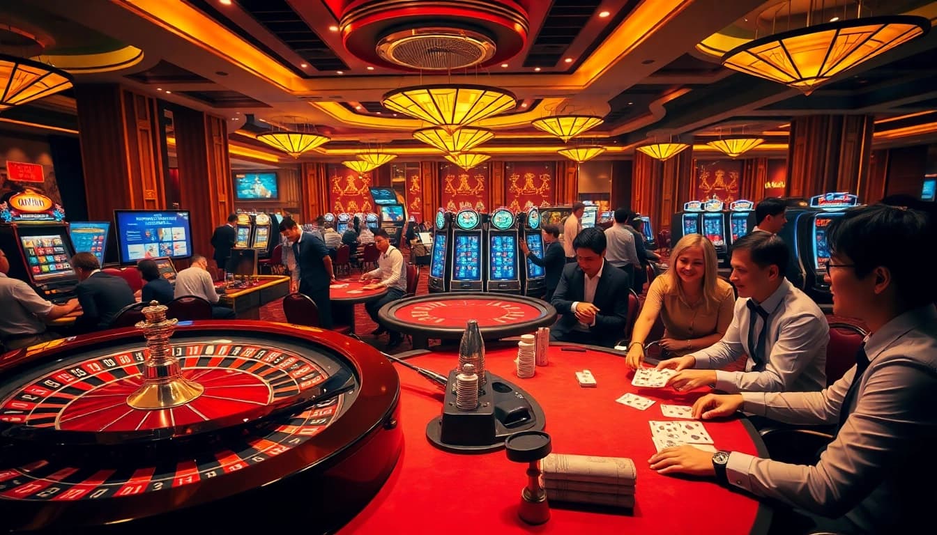 Exciting gambling scene at Nhà cái U888 with players at roulette and poker tables.
