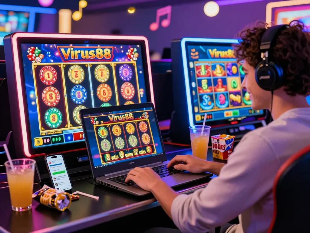 Pemain yang bersemangat terlibat dengan permainan slot online Virus88 dalam pengaturan permainan yang hidup, menampilkan suasana yang meriah.
