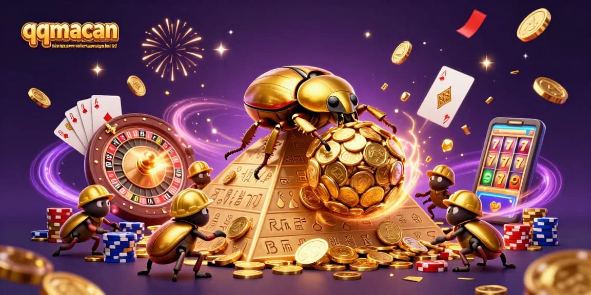 Experience the thrill with qqmacan situs resmi toto slot gacor online terpercaya hari ini in this dynamic casino scene featuring golden beetles and spinning roulette.