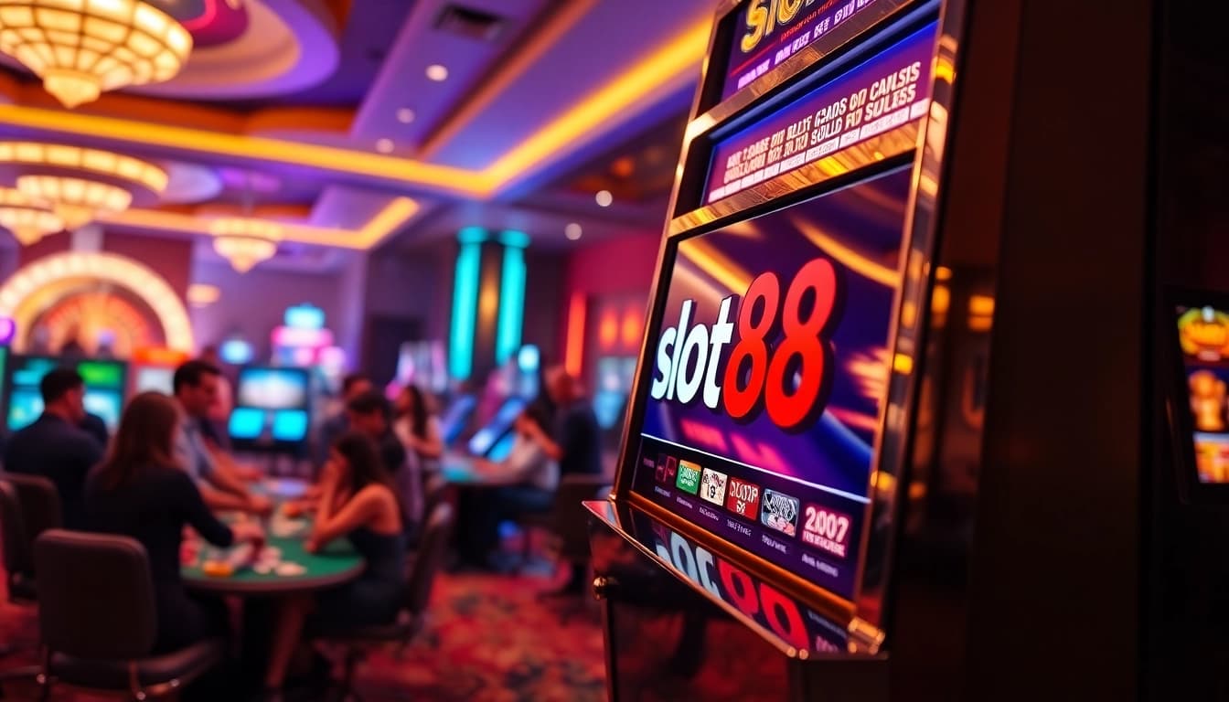 Action-packed scene of gamblers enjoying slot88 machines in a vibrant casino atmosphere.
