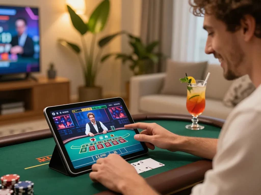 Sunwin player enjoying a live dealer blackjack game on tablet in a cozy setting
