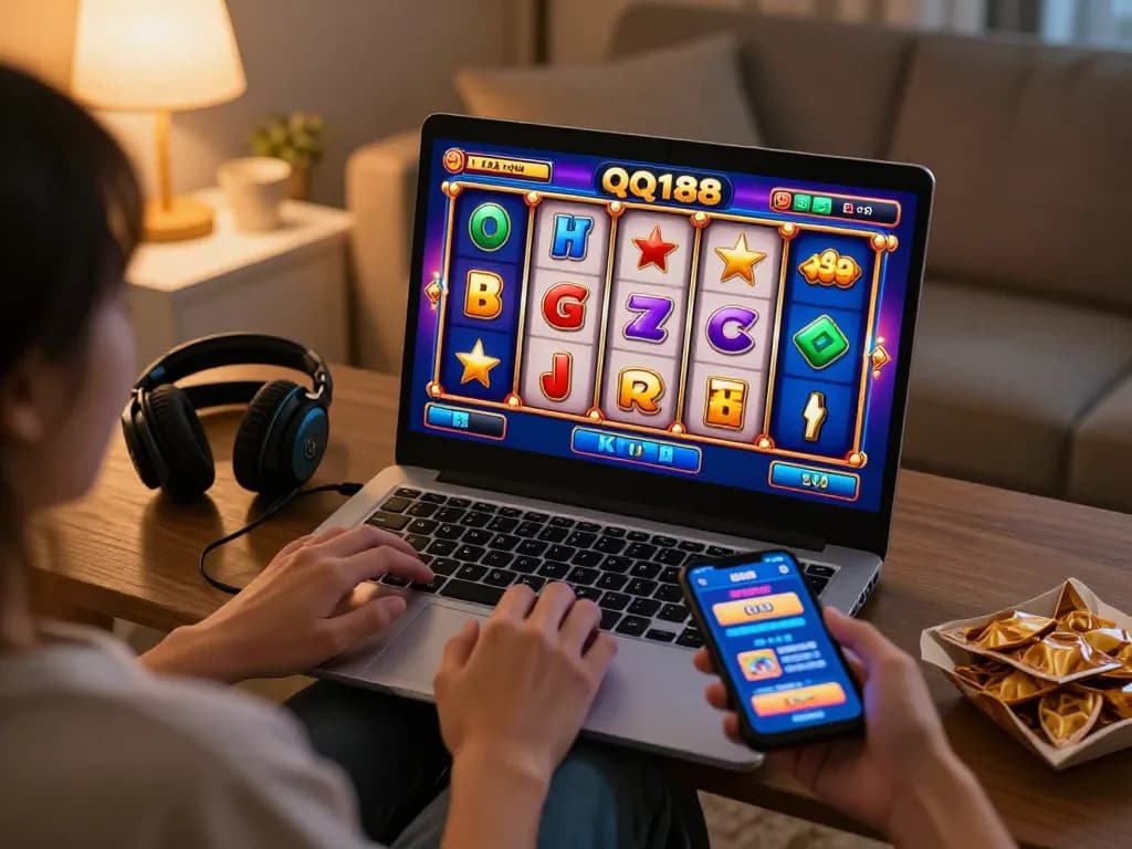 Momen menarik pemain yang aktif menikmati permainan QQ188 Slot di pengaturan rumah modern.