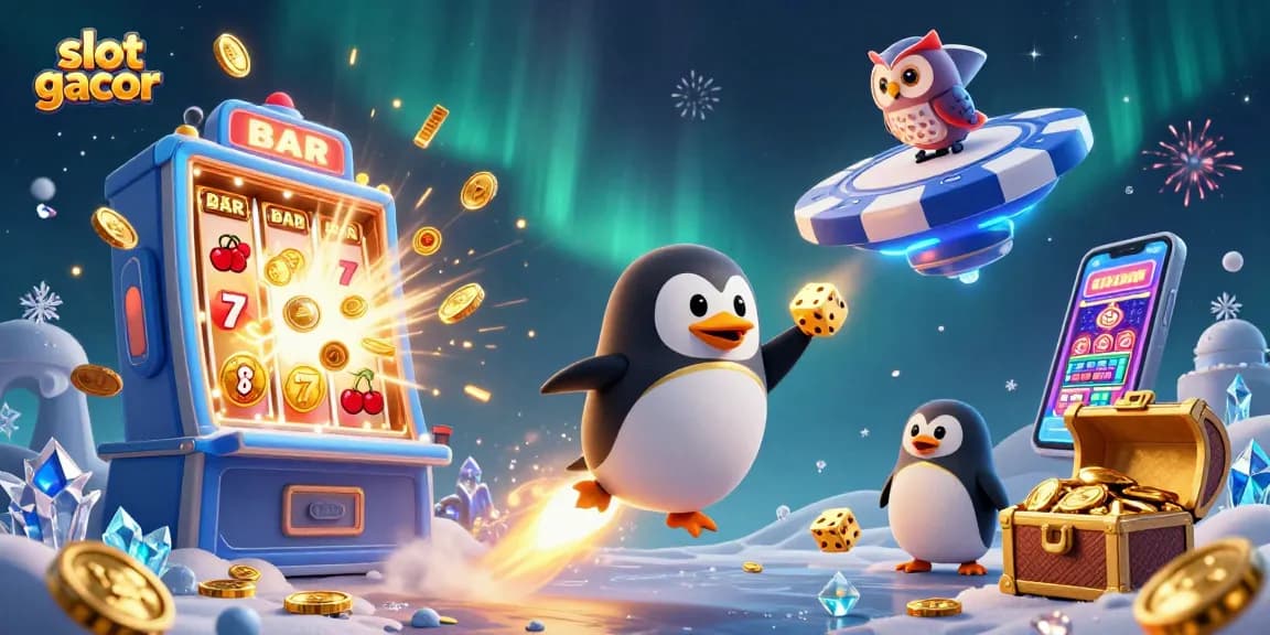 Slot gacor mendebarkan dengan penguin emas dan jackpot berlimpah dalam ilustrasi kasino 3D yang meriah.