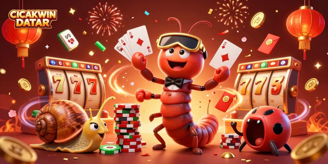 CICAKWIN DATAR brings excitement with a millipede dealer at a vibrant casino scene showcasing winning slots, cards, and chips.
