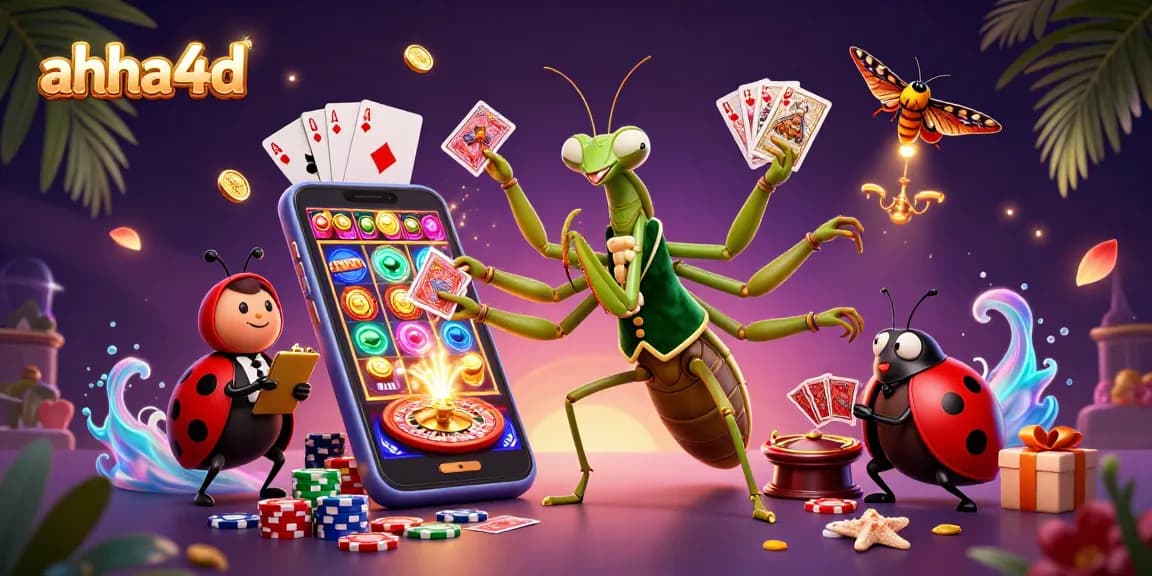 Interact with ahha4d's vibrant casino scene featuring a mantis card sharp and ladybug pit boss.
