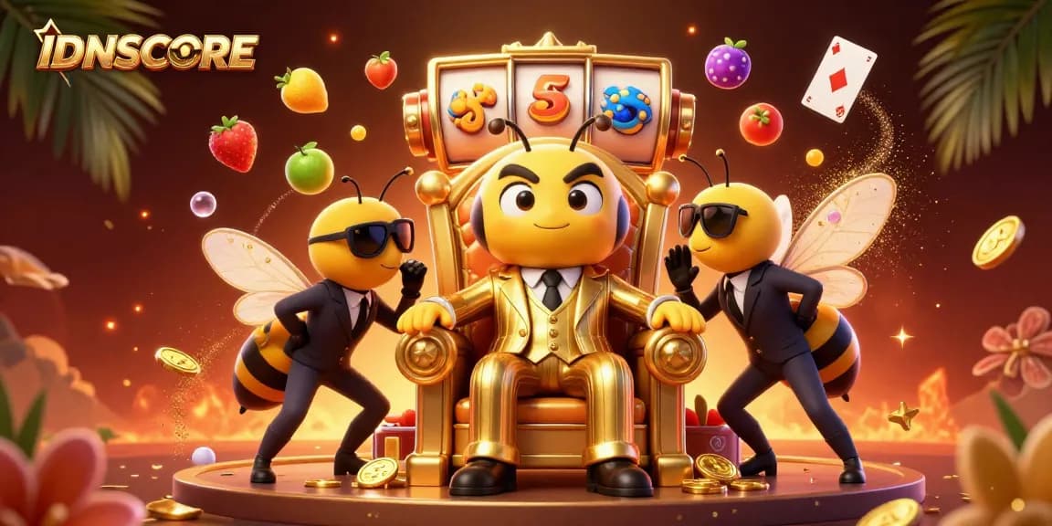 Spin the reels at IDNSCORE with thrilling symbols and vibrant casino elements cascading around dynamic characters.