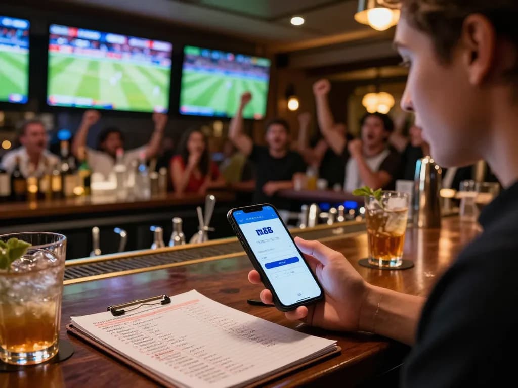 aksi m88 login yang mengasyikkan selama taruhan olahraga di bar mewah dengan layar yang menampilkan acara langsung.
