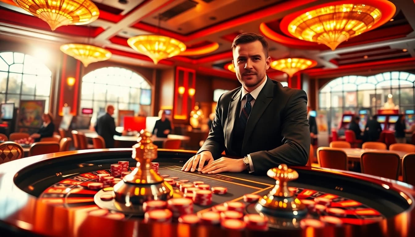 Menggambarkan kasino dengan dealer yang seru di meja roulette yumetoto dengan suasana yang meriah.