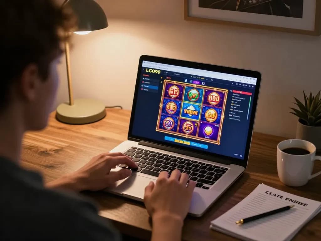 LGO99 engagement in online gaming highlights vibrant slot graphics and a cozy setup for strategic play.