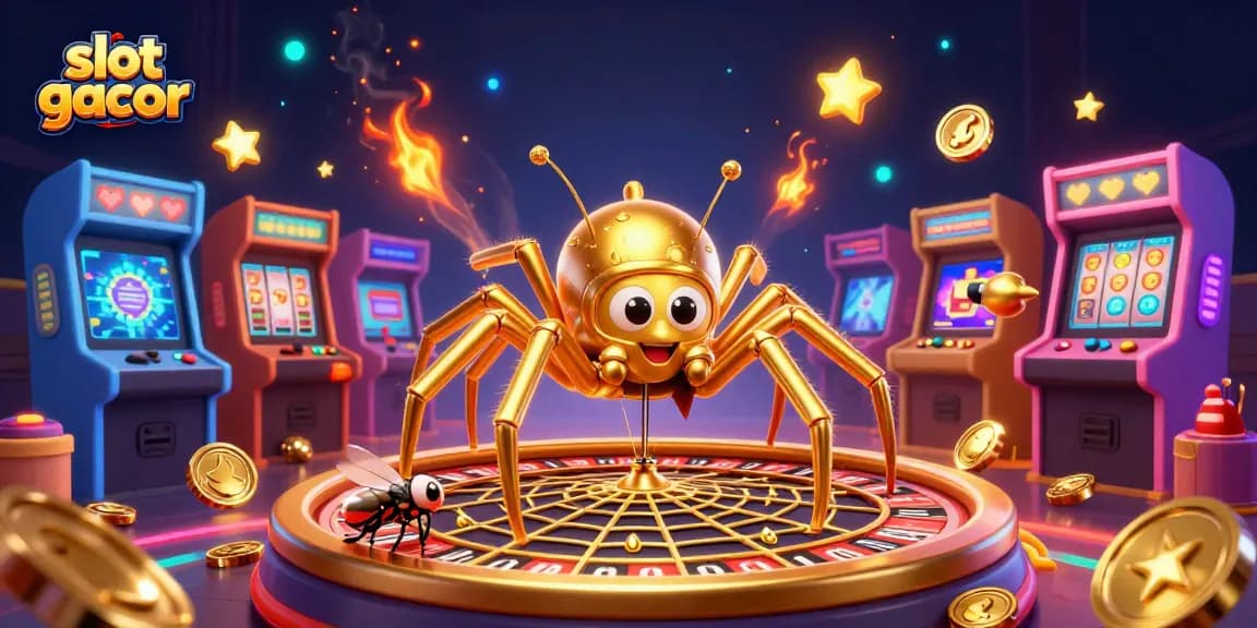 Permainan slot gacor menampilkan laba-laba emas dan centipede di kasino virtual yang penuh warna.