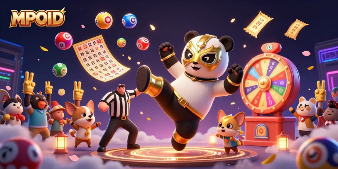 MPOID showcases an electrifying bingo scene with a wrestling panda and vibrant game elements.