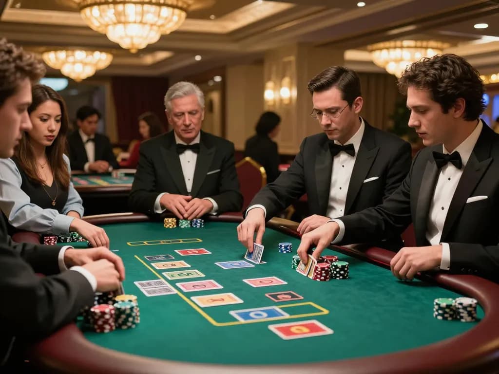Players enjoying a thrilling baccarat game at a luxurious casino, showcasing alfa 138's upscale gaming experience.
