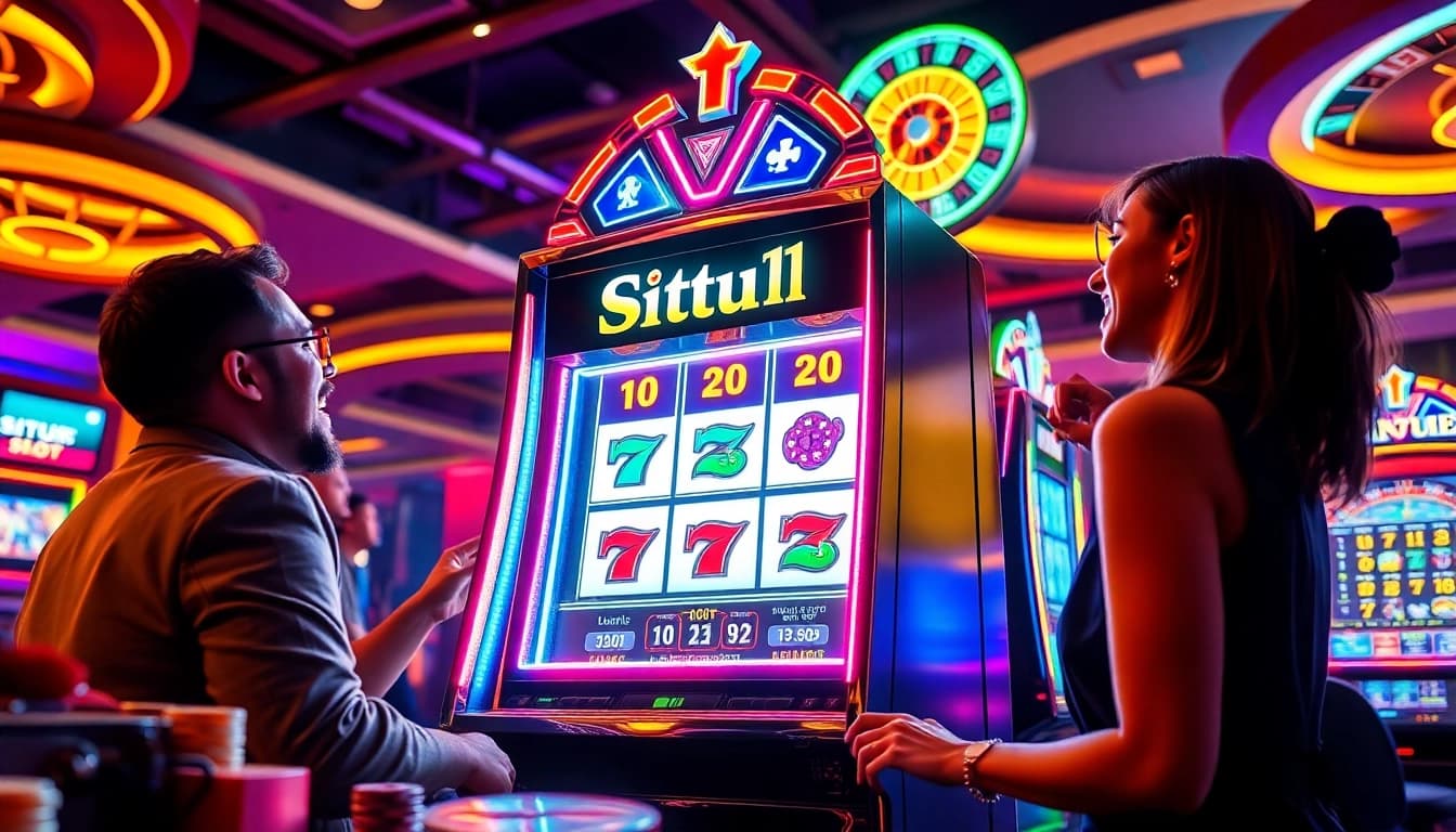 Situs11 slot showcasing players' excitement with poker chips and vibrant casino ambiance.