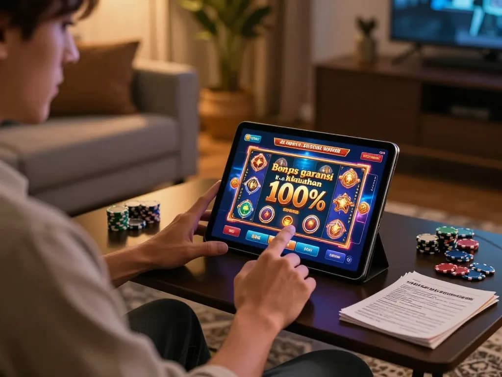 Engaging in online gaming with the Bonus garansi kekalahan 100% displayed on the tablet screen