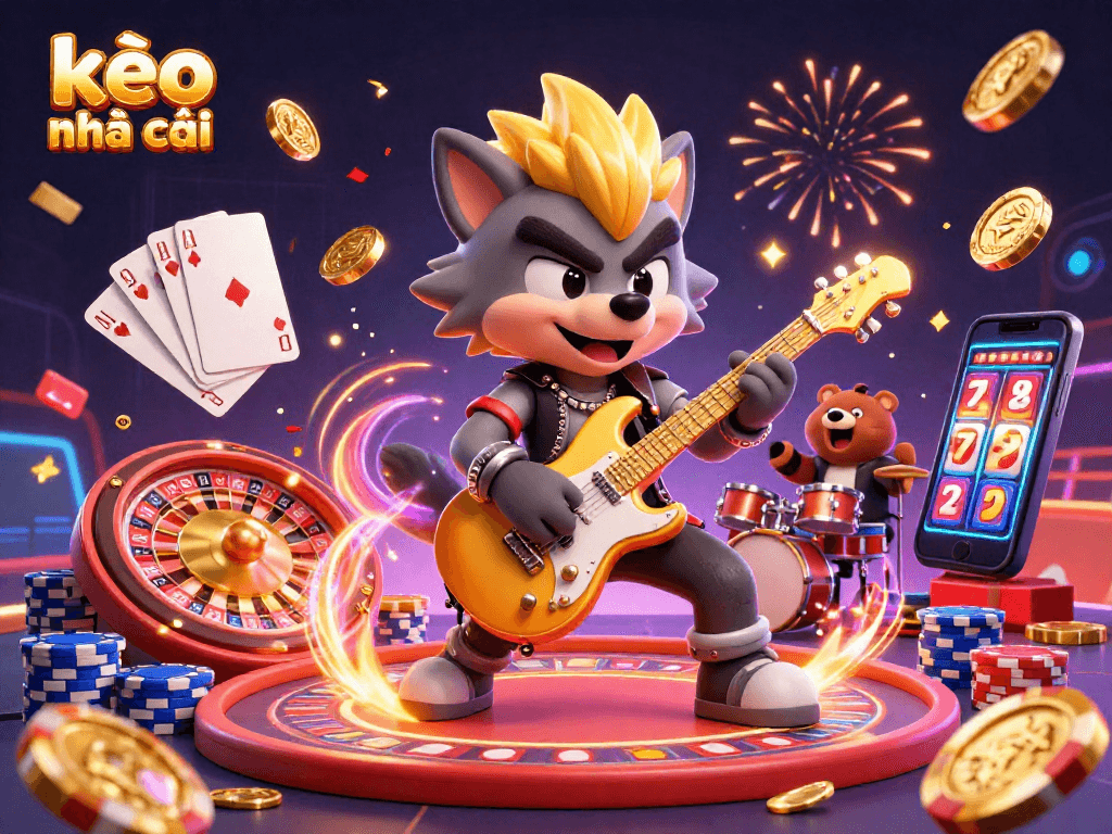Experience the excitement of kèo nhà cái with a vibrant casino scene featuring a rock star wolf and a drummer bear.