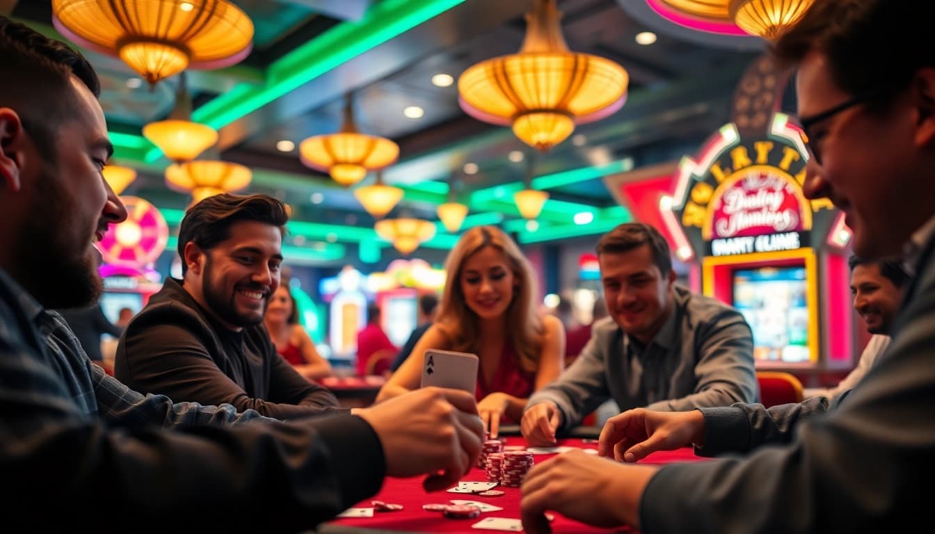Menangkan permainan poker di dentoto dengan ekspresi mengejutkan dan suasana kasino yang cerah.