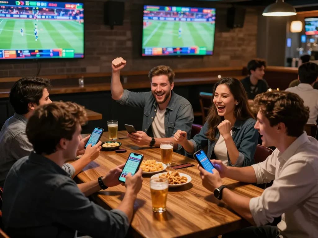 Friends joyfully using 789bet for sports betting during a live game with vibrant atmosphere.