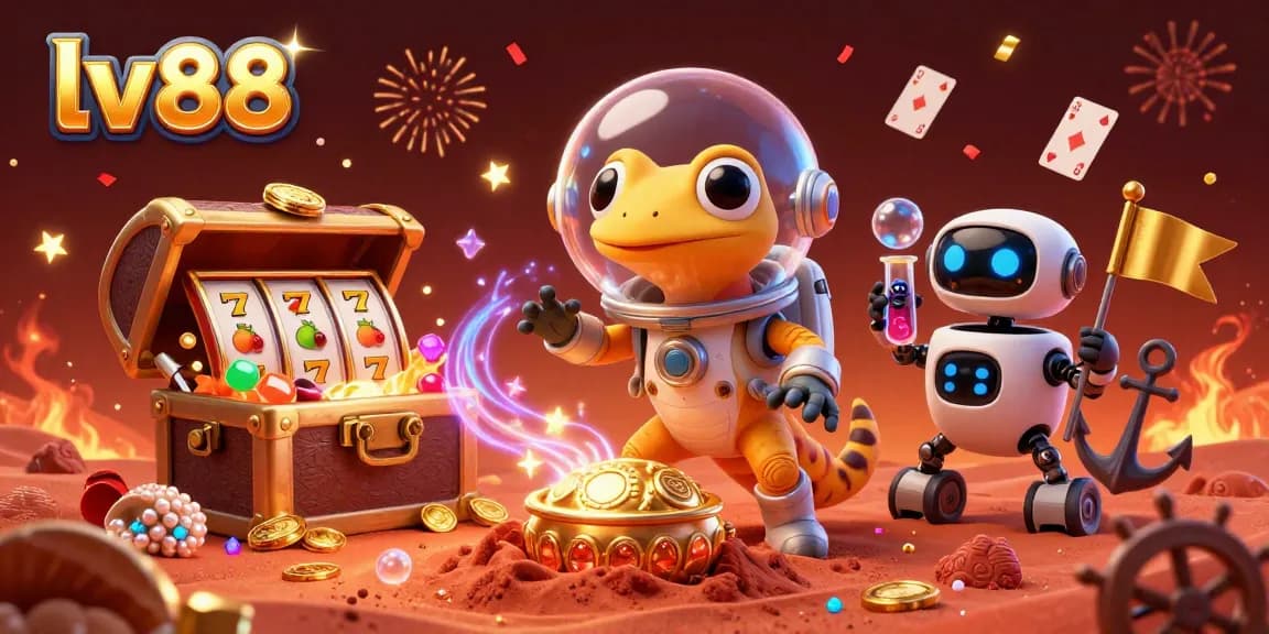 Experience the excitement of lv88's casino world through a vibrant Martian scene filled with treasures and game symbols.
