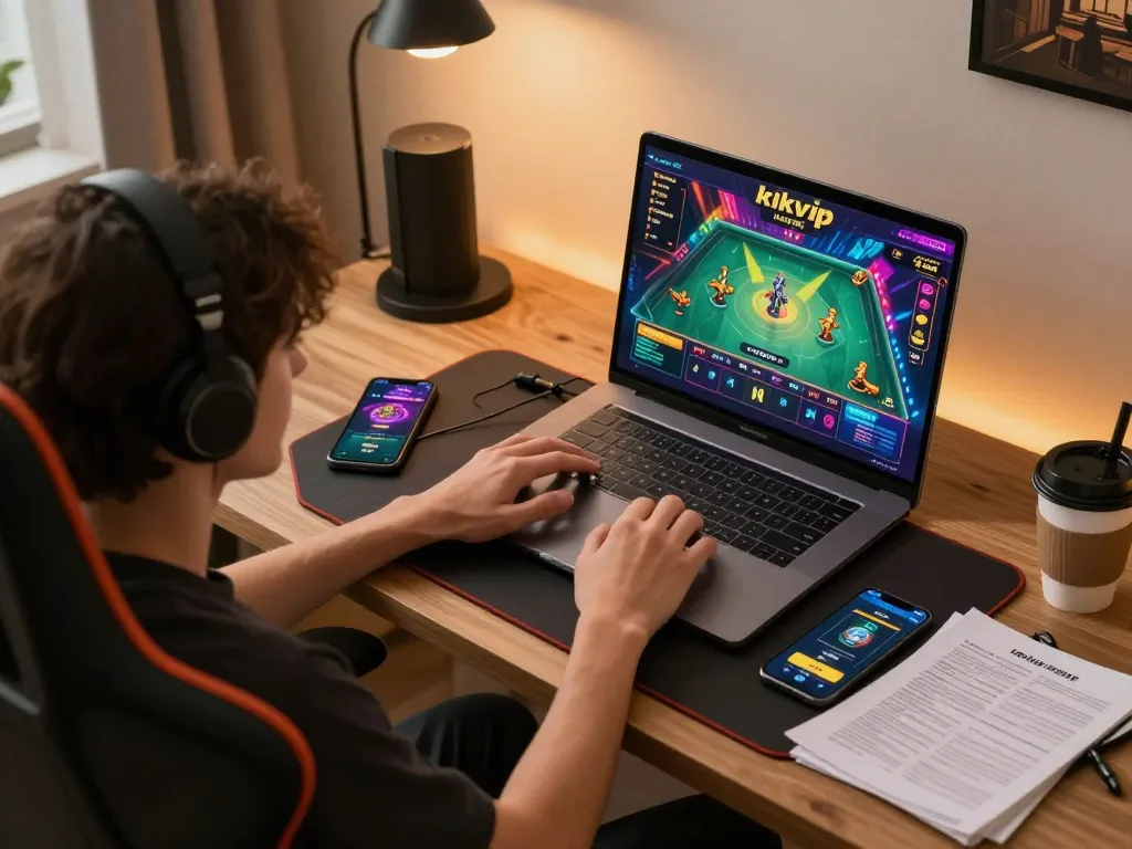 Player immersed in the game rikvip on laptop, highlighting strategic online gaming setup