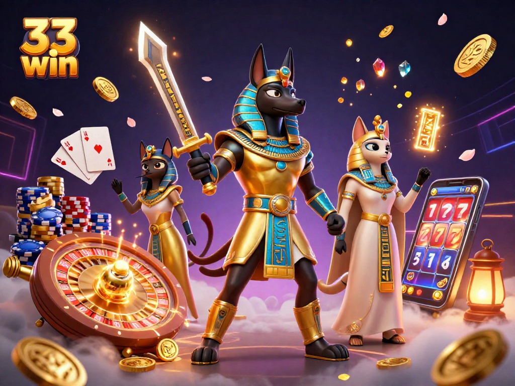 Engage with the thrilling gaming scene featuring 33 win, showcasing casino elements and ancient Egyptian warriors.