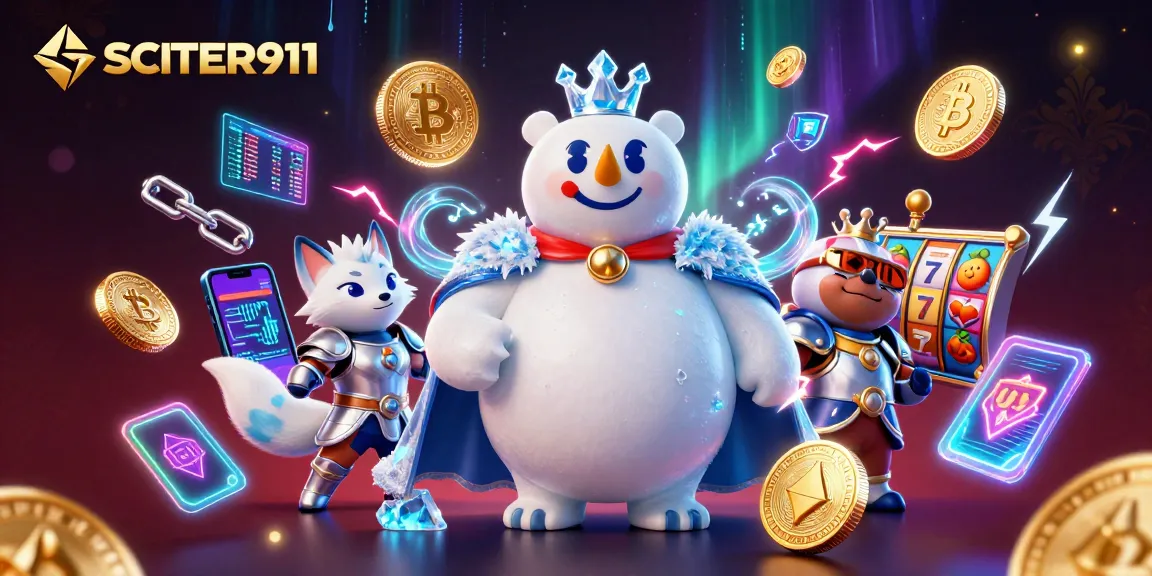 Engage in SCATTER911's thrilling casino action with vibrant 3D illustrations of slot reels and crypto coins.
