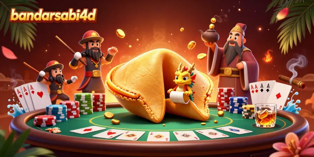 Menangkan hadiah dari SABI4D dengan keberuntungan di kasino, simbol keberuntungan dikelilingi chip poker.