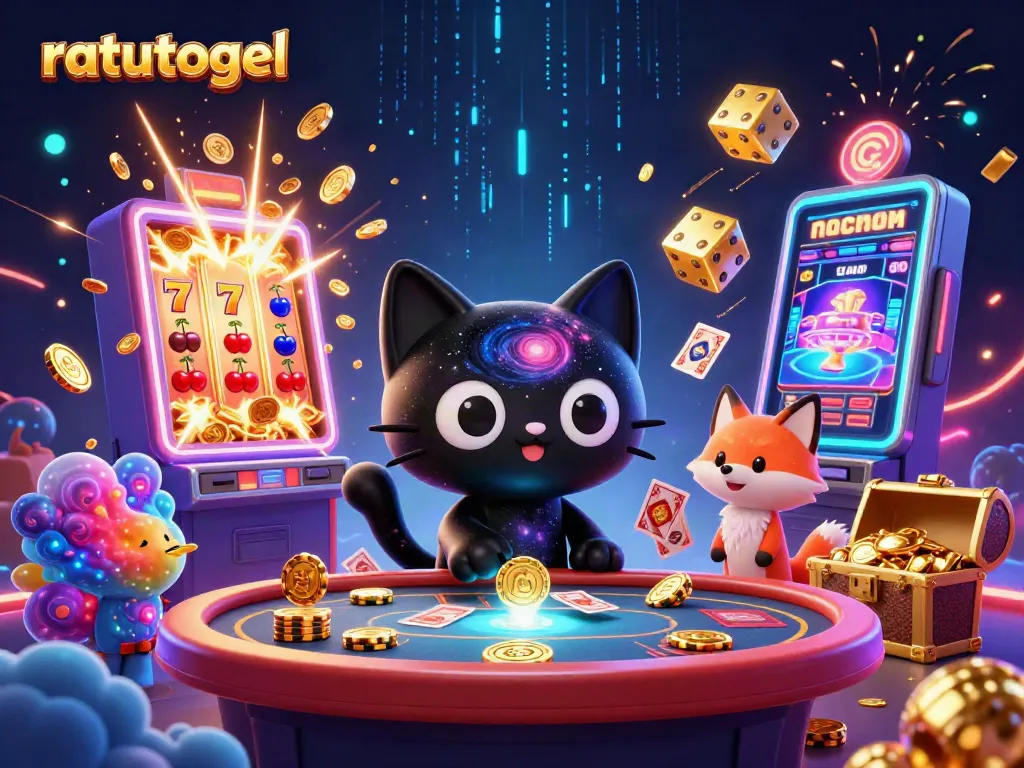 Engage with ratutogel's cosmic gaming experience featuring a magical black hole cat drawing in casino chips.