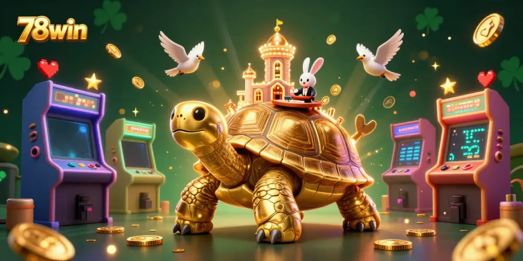 Experience thrilling gaming with 78win's golden tortoise casino in a vibrant cartoon scene.