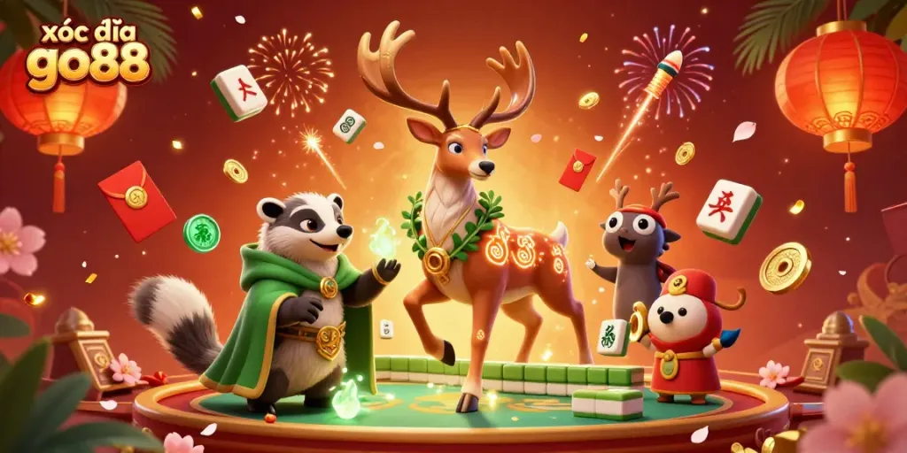 Experience the excitement of xóc đĩa go88 with glowing druid stag, lively casino elements, and festive decorations.