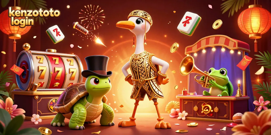 Visualize winning with kenzototo login: A vibrant 3D casino scene featuring a crane, turtle, and frog
