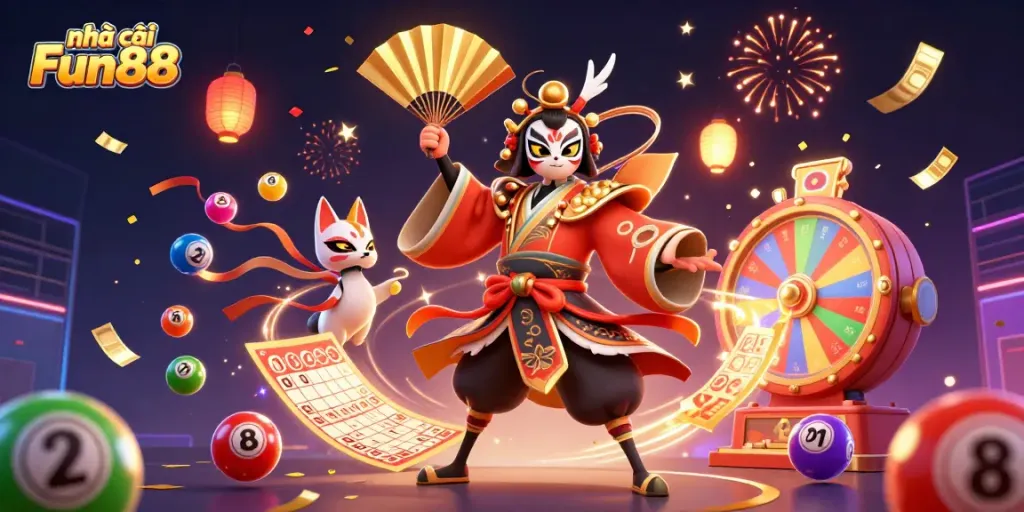 Experience thrilling gameplay at nhà cái Fun88 with a vibrant illustrated casino scene showing dynamic lottery elements.
