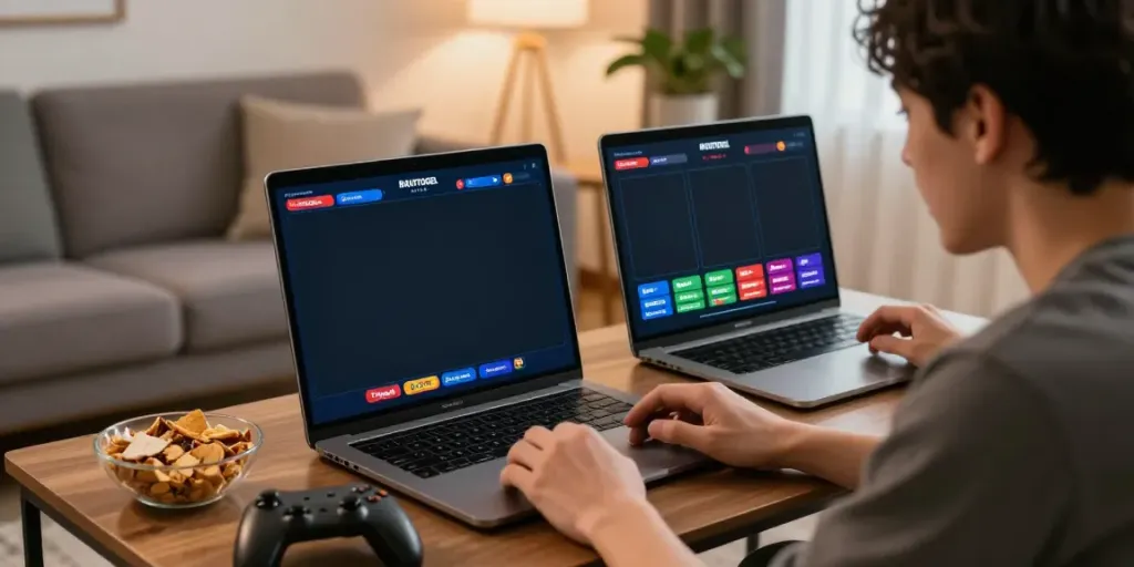 Ratutogel - Pemain taruhan online menikmati pengalaman bermain Togel dan Slot Gacor di ruang tamu yang nyaman.