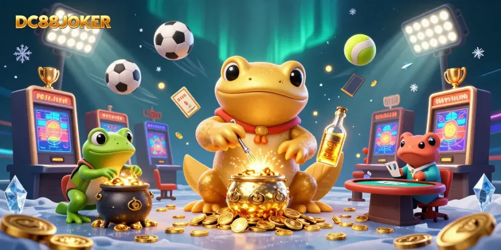 Experience thrilling gameplay with DC88JOKER as our whimsical alchemist transforms metal into gold coins while surrounded by vibrant casino elements.
