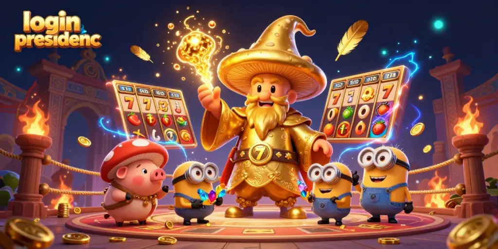 Experience a winning rush with vibrant characters and symbols in this login presidencc scene.