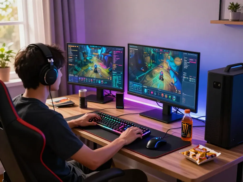 Gamer fokus bermain alexistoto dengan perangkat gaming lengkap di rumah.