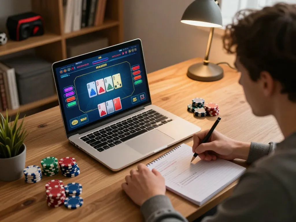 A player strategizing at mpo500 online poker, focusing on cards and notes in a cozy home office.