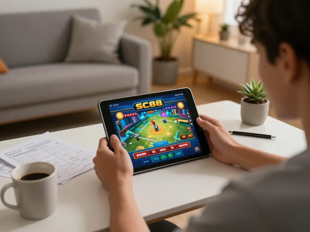 Engaging with SC88 online casino app on tablet during strategic betting session at home.